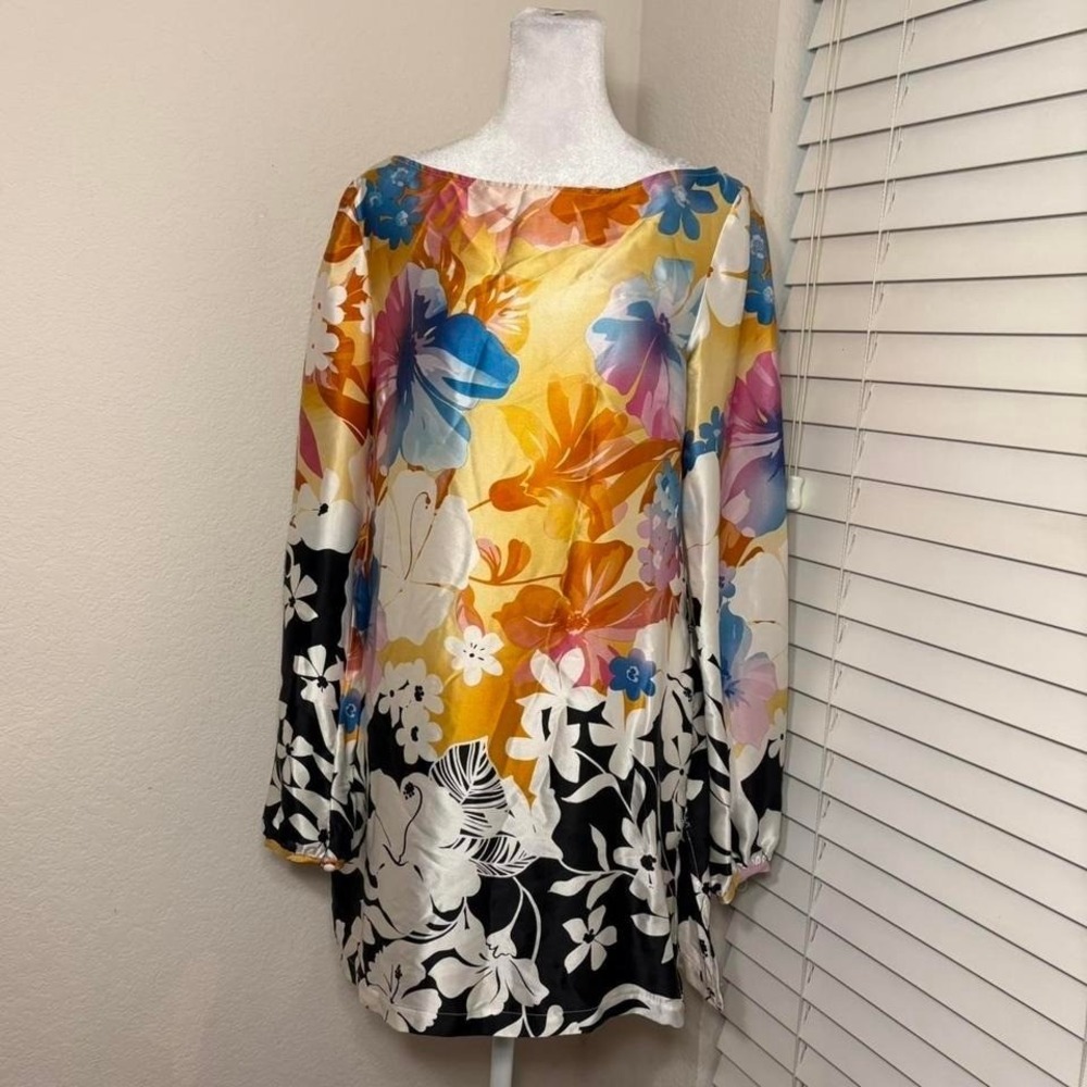 Cache size S 100% silk tunic minidress with colorful tropical‎ floral hawaiian